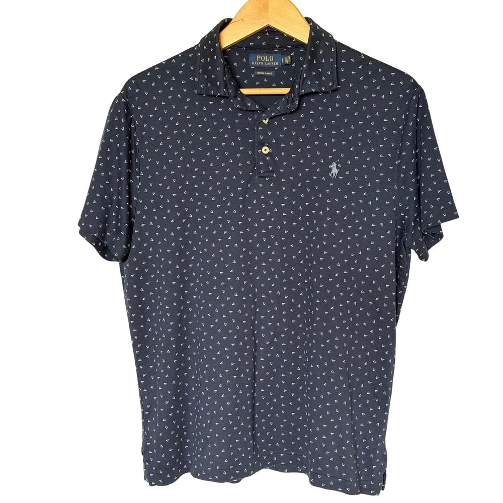 Polo Ralph Lauren Polo Shirt Men Large Navy Blue Geometric Triangle Custom Slim